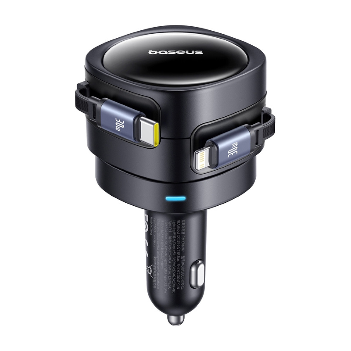 Caricabatterie per auto Baseus nero con cavi di ricarica integrati e indicatore LED blu.