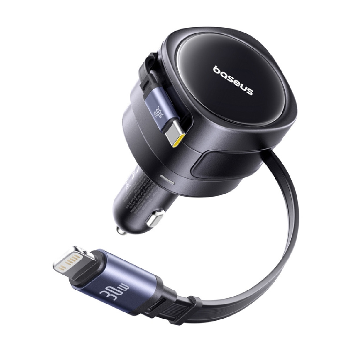 Caricabatterie per auto Baseus nero con cavo Lightning retrattile integrato e potenza di 30W.
