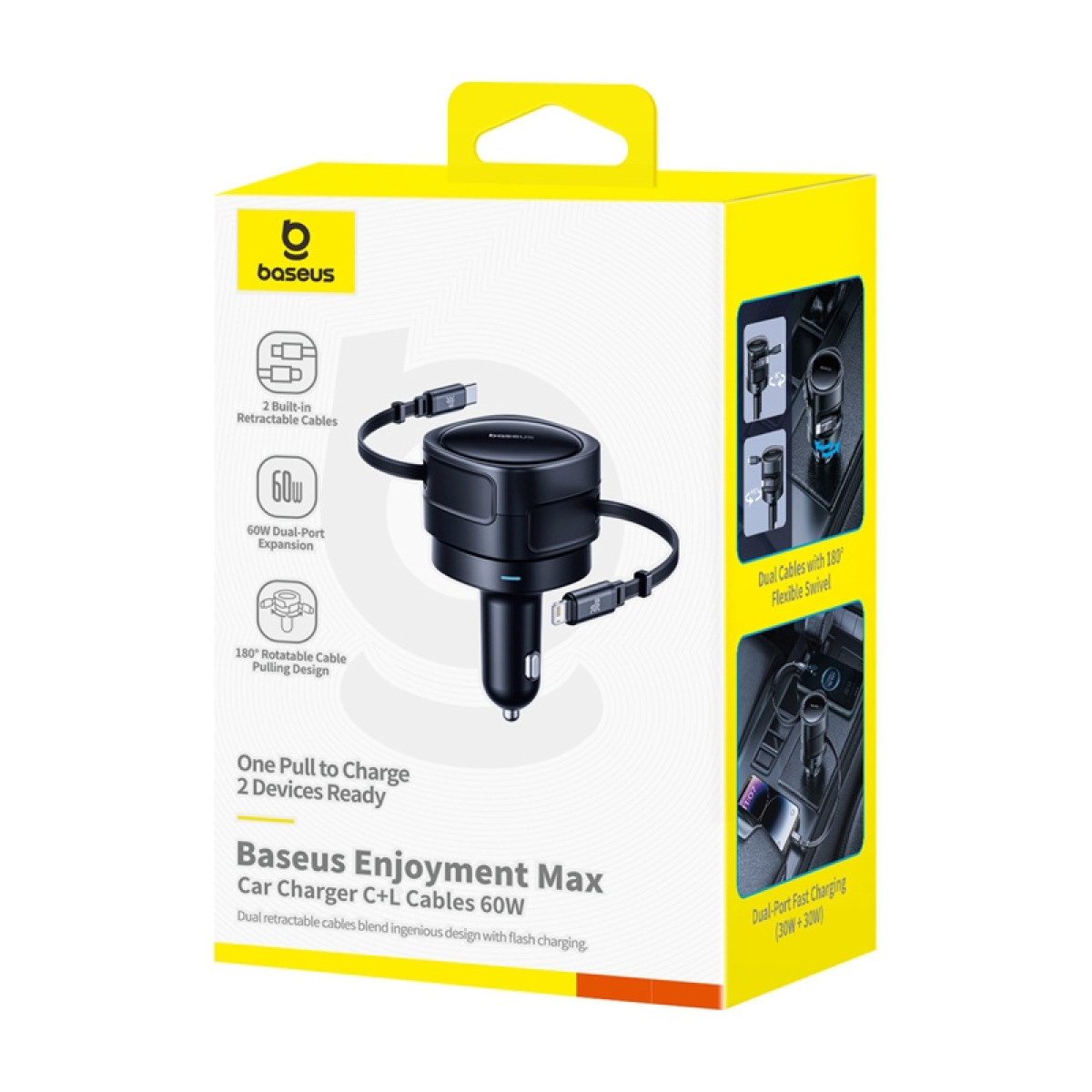 Confezione del caricatore per auto Baseus Enjoyment Max 60W con due cavi.