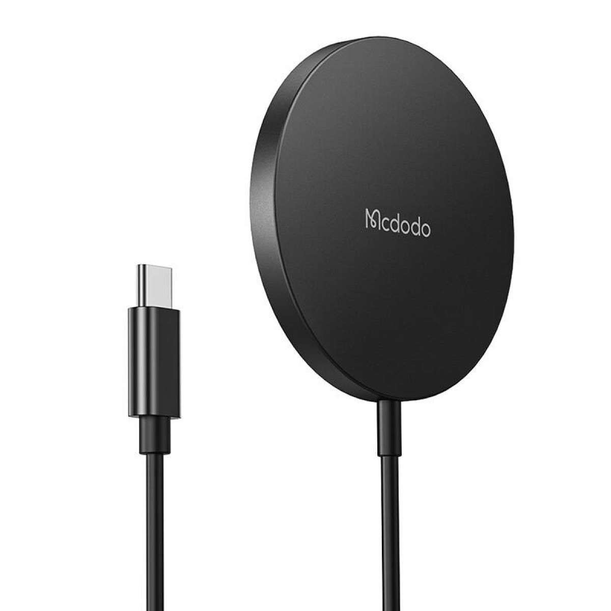 Un caricabatterie wireless magnetico Mcdodo nero con cavo USB-C su sfondo bianco.