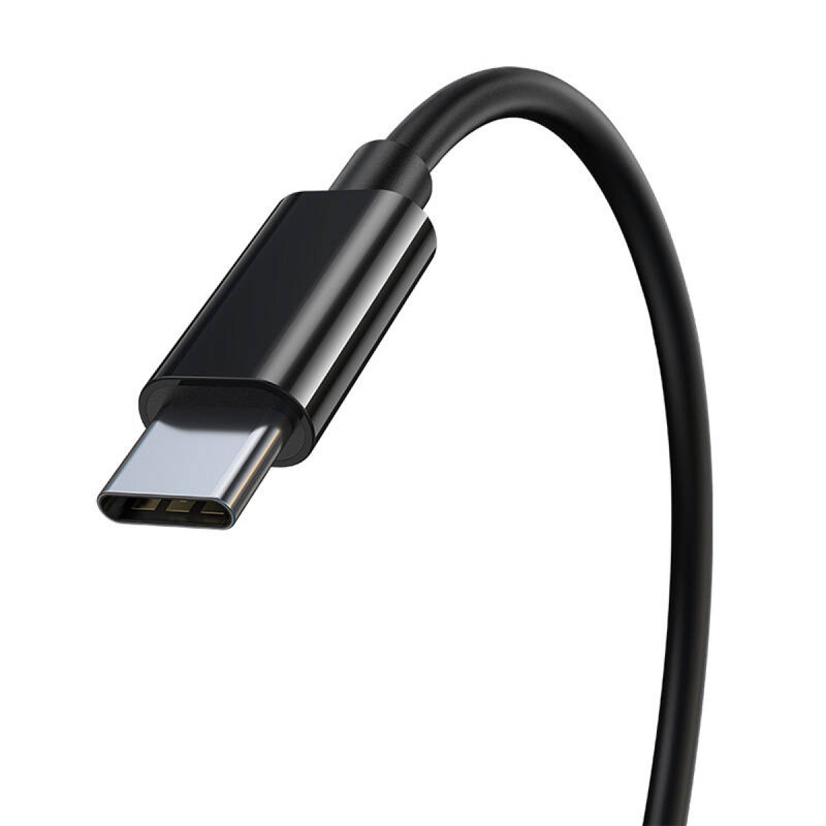 Un connettore per cavo USB-C nero su sfondo neutro.