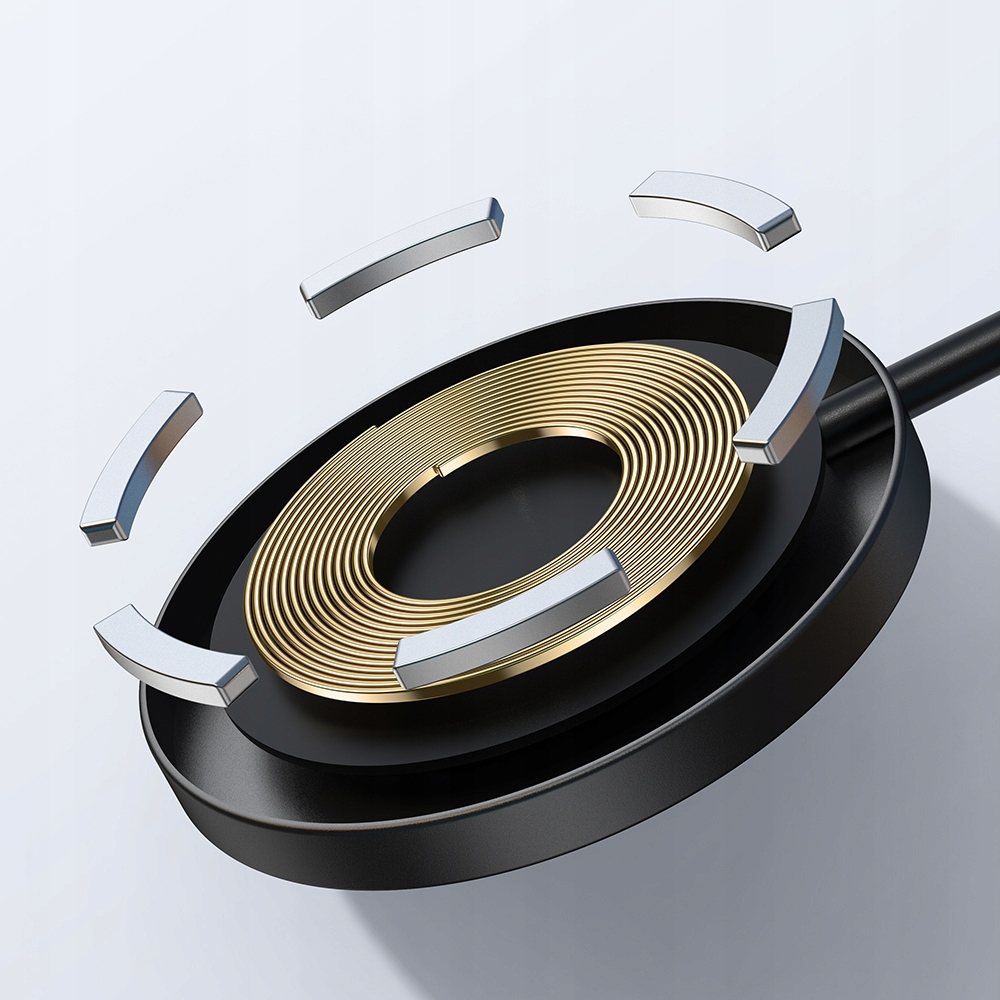 Un caricabatterie wireless nero con una bobina dorata e magneti disposti circolarmente.