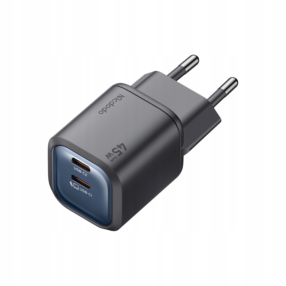 İki portlu ve AB fişli gri 45W Mcdodo USB-C duvar şarj cihazı.