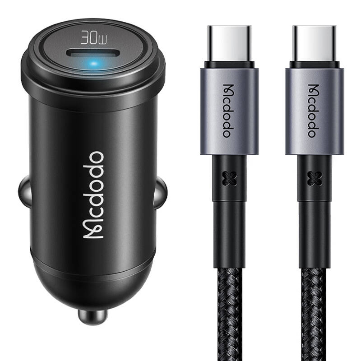 Caricabatterie per auto USB-C Mcdodo nero da 30W con due cavi coordinati su sfondo bianco.