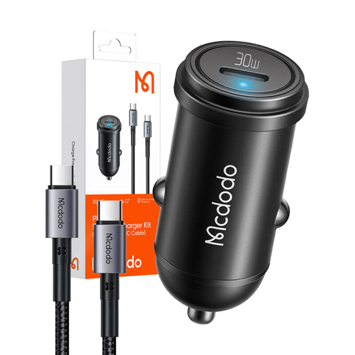 Un caricabatteria per auto USB-C Mcdodo nero da 30W con confezione e cavo intrecciato.