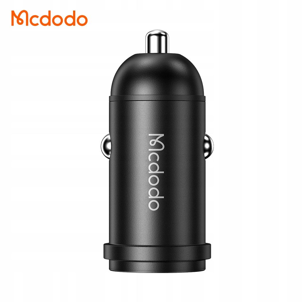Caricabatterie per auto Mcdodo nero con logo e contatti argentati su sfondo bianco.