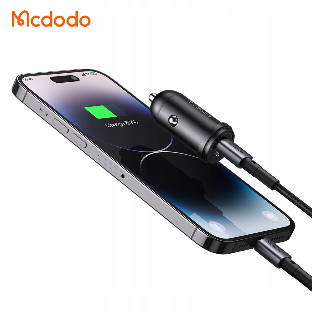 Un caricabatterie da auto Mcdodo nero è collegato a uno smartphone con batteria al 60%.