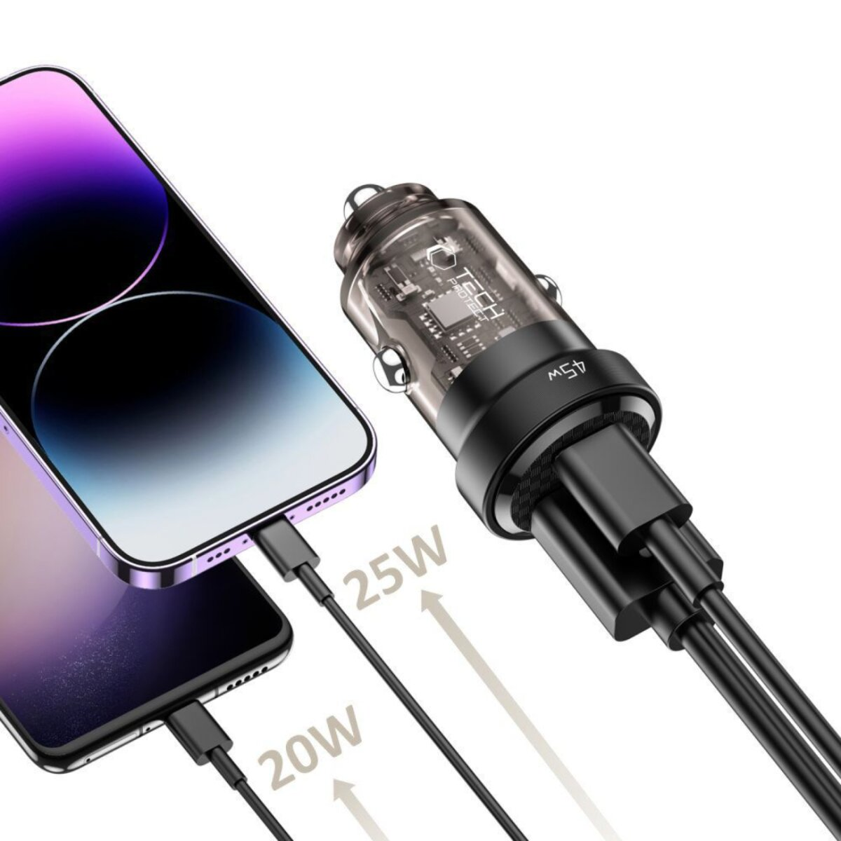 Caricabatterie per auto con due cavi USB collegati a due smartphone, che mostrano una potenza di 20W e 25W.