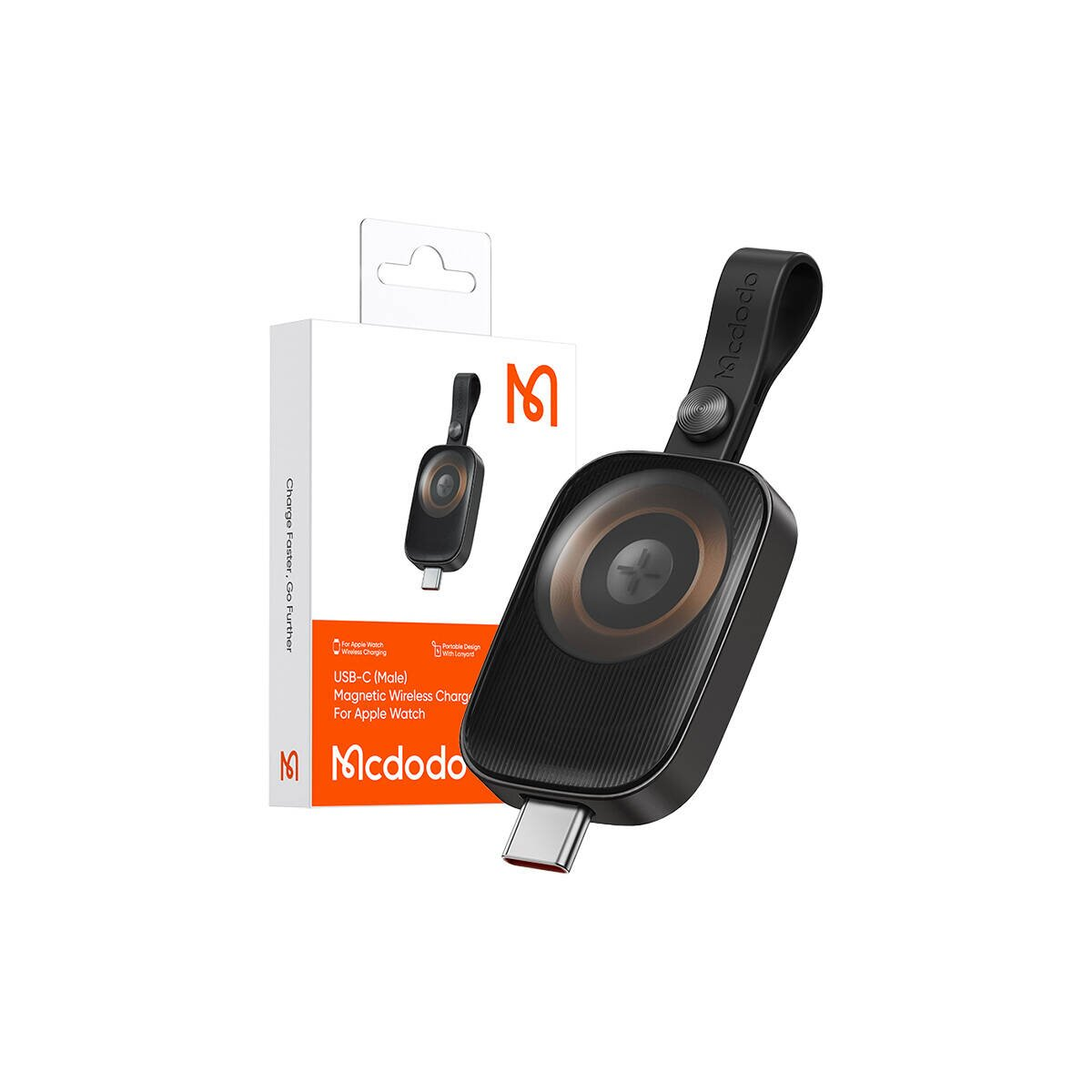 Caricabatterie wireless Mcdodo USB-C nero per Apple Watch con laccetto davanti alla scatola.