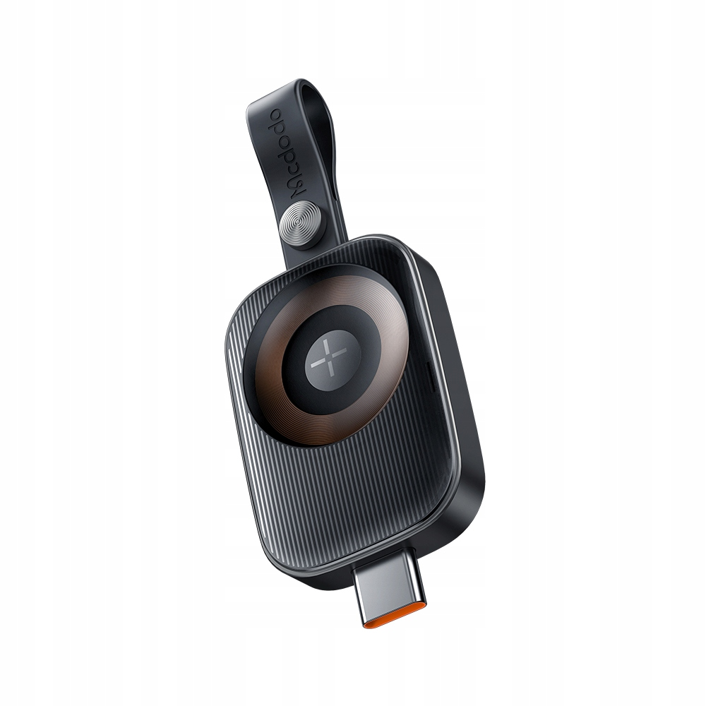 Un caricabatterie wireless Mcdodo nero con connettore USB-C e cinturino, su sfondo bianco.
