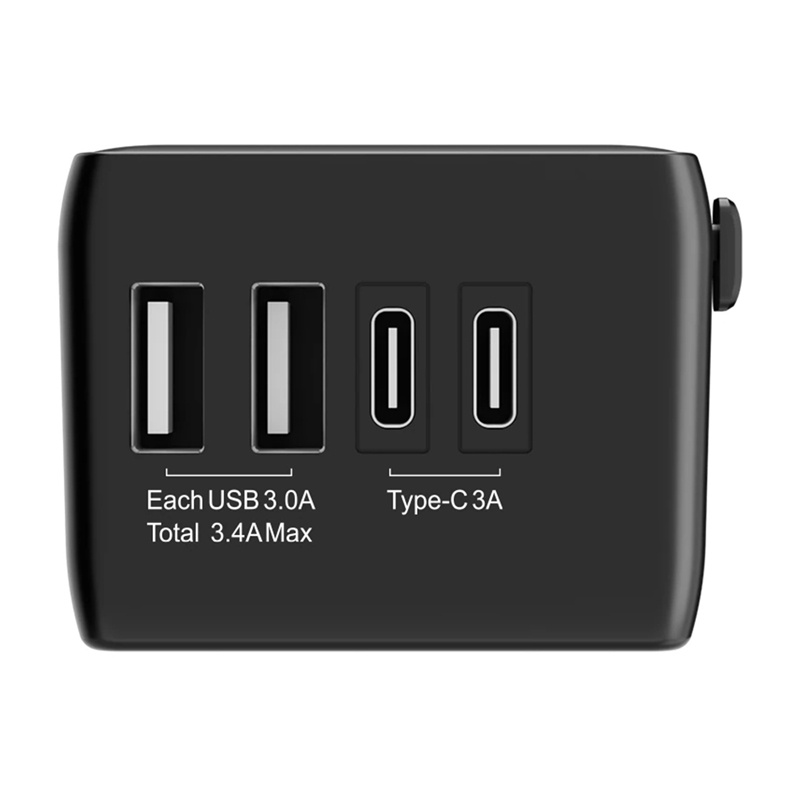 Adattatore da viaggio nero con due porte USB-A e due porte USB-C.