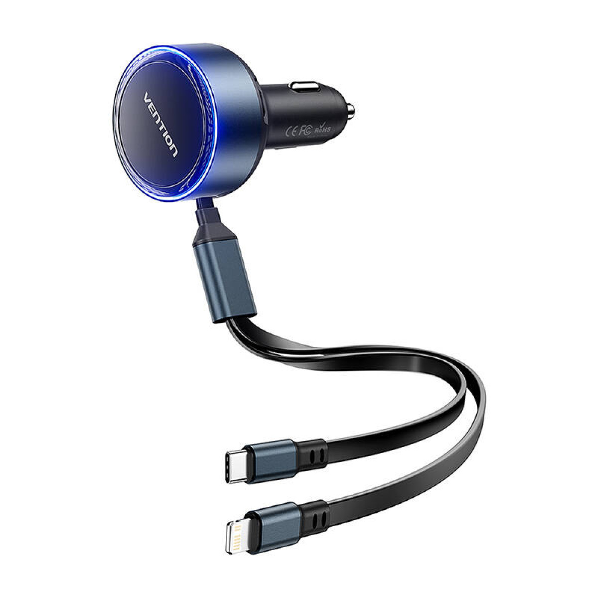 Un adattatore per caricabatterie da auto Vention blu con due cavi collegati dotati di connettori Tipo-C e Lightning.