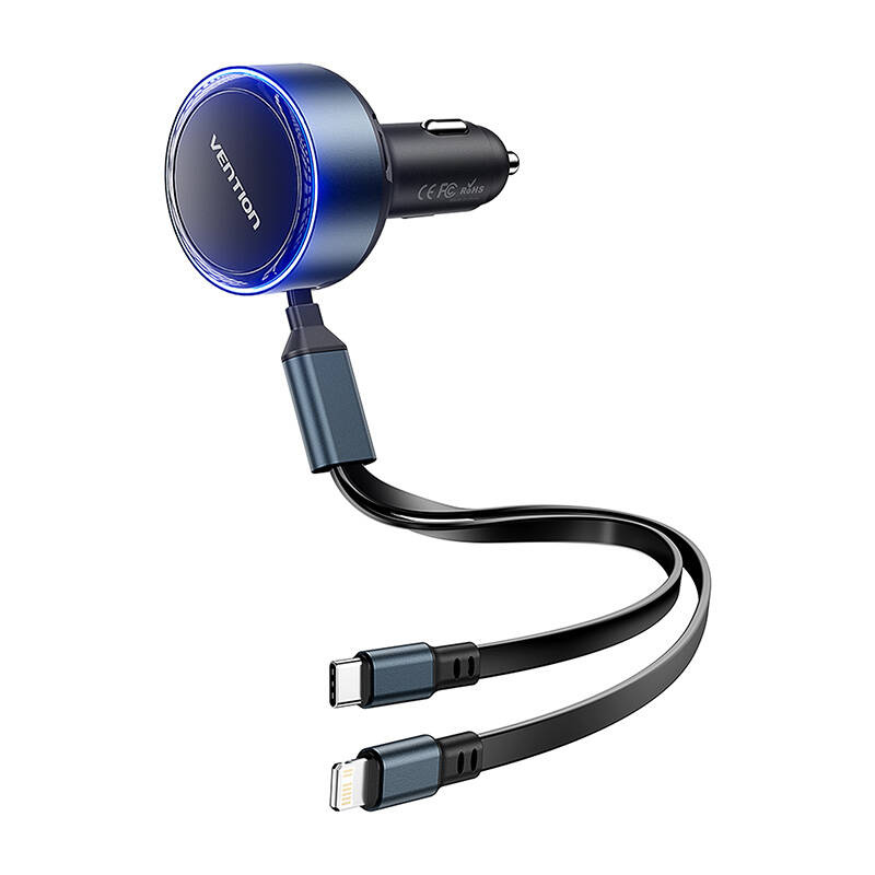 Un caricabatteria per auto blu con due cavi e connettori USB-C e Lightning su sfondo bianco.