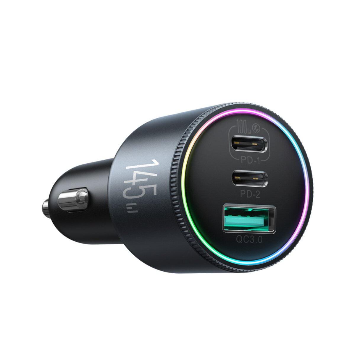 Caricabatterie per auto nero con due porte USB-C e una porta USB-A, circondato da un anello LED colorato.