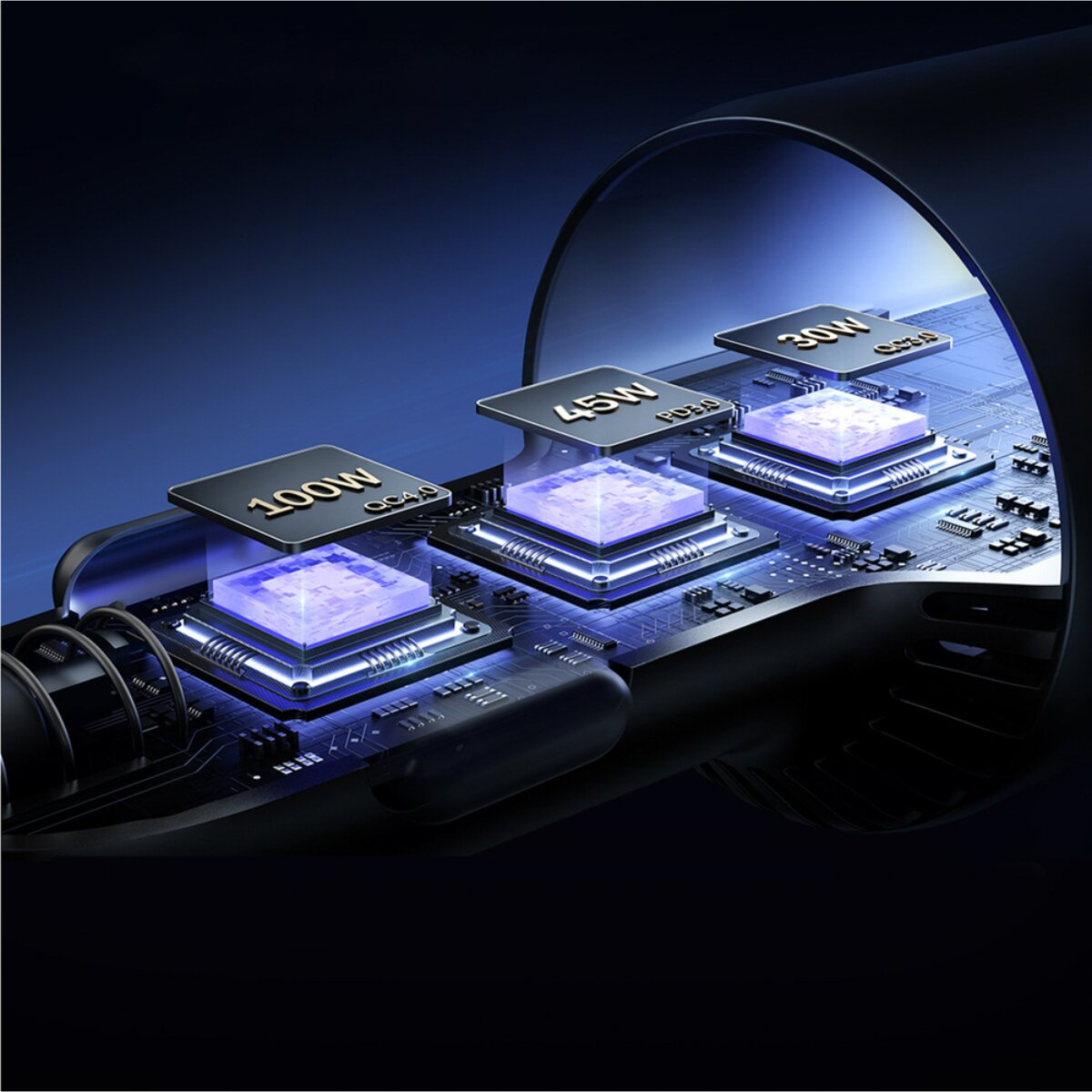Un'illustrazione mostra tre moduli di chip etichettati 100W, 45W e 30W su un circuito stampato all'interno di un caricabatterie.