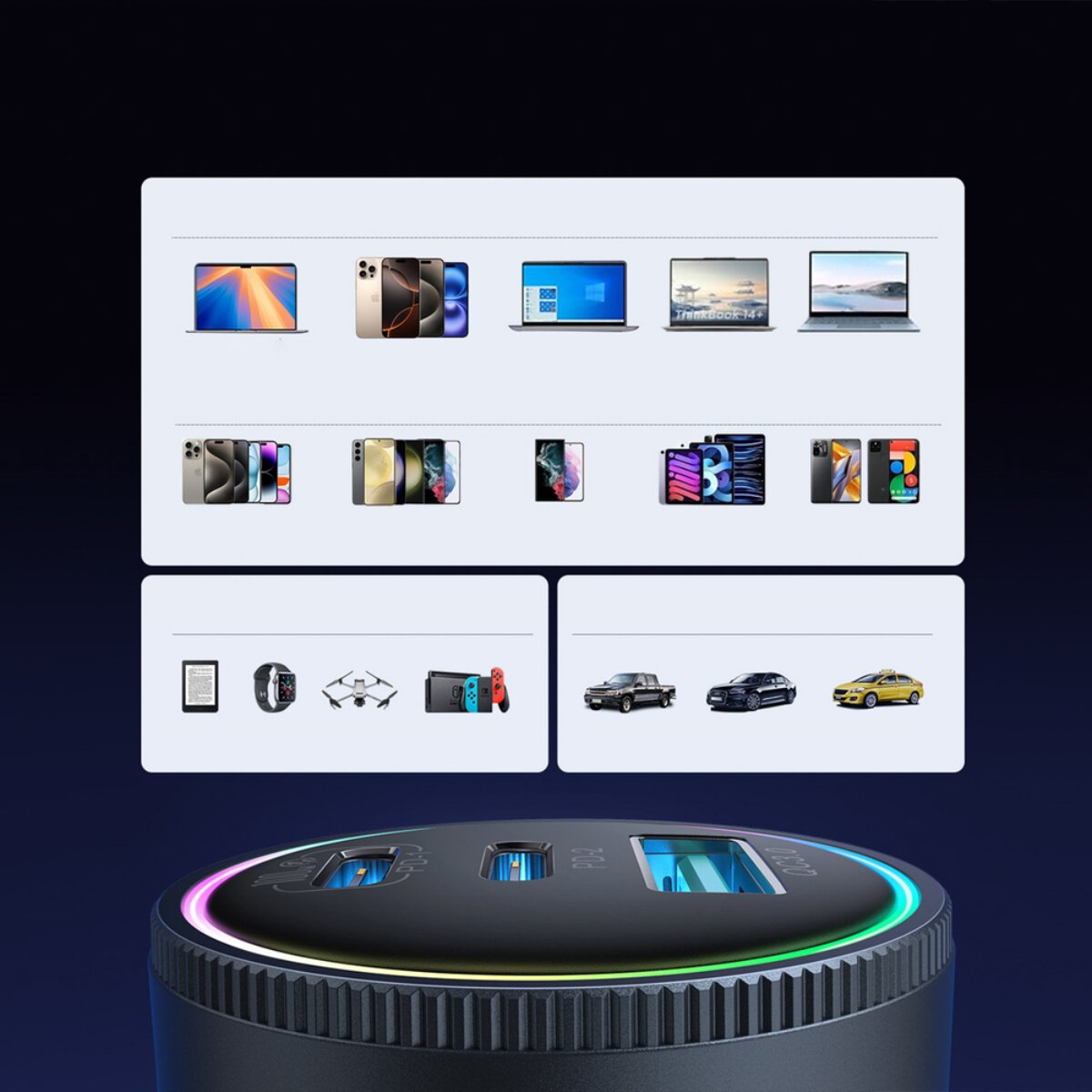 Un adattatore di ricarica nero con tre porte USB e un anello LED colorato, circondato da dispositivi compatibili.