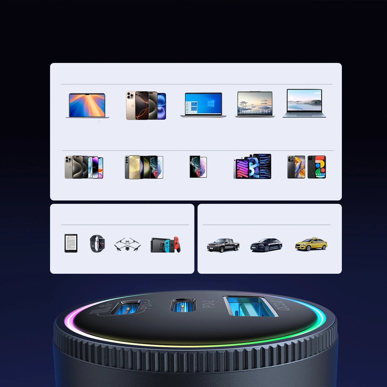 Un caricatore per auto con anello RGB e laptop, smartphone, tablet, droni e auto compatibili.