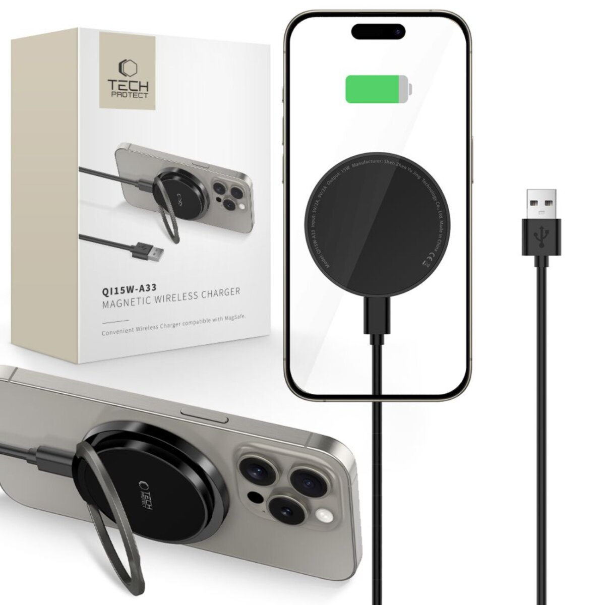 Un caricatore wireless magnetico nero con cavo USB, un telefono in carica e la sua scatola.