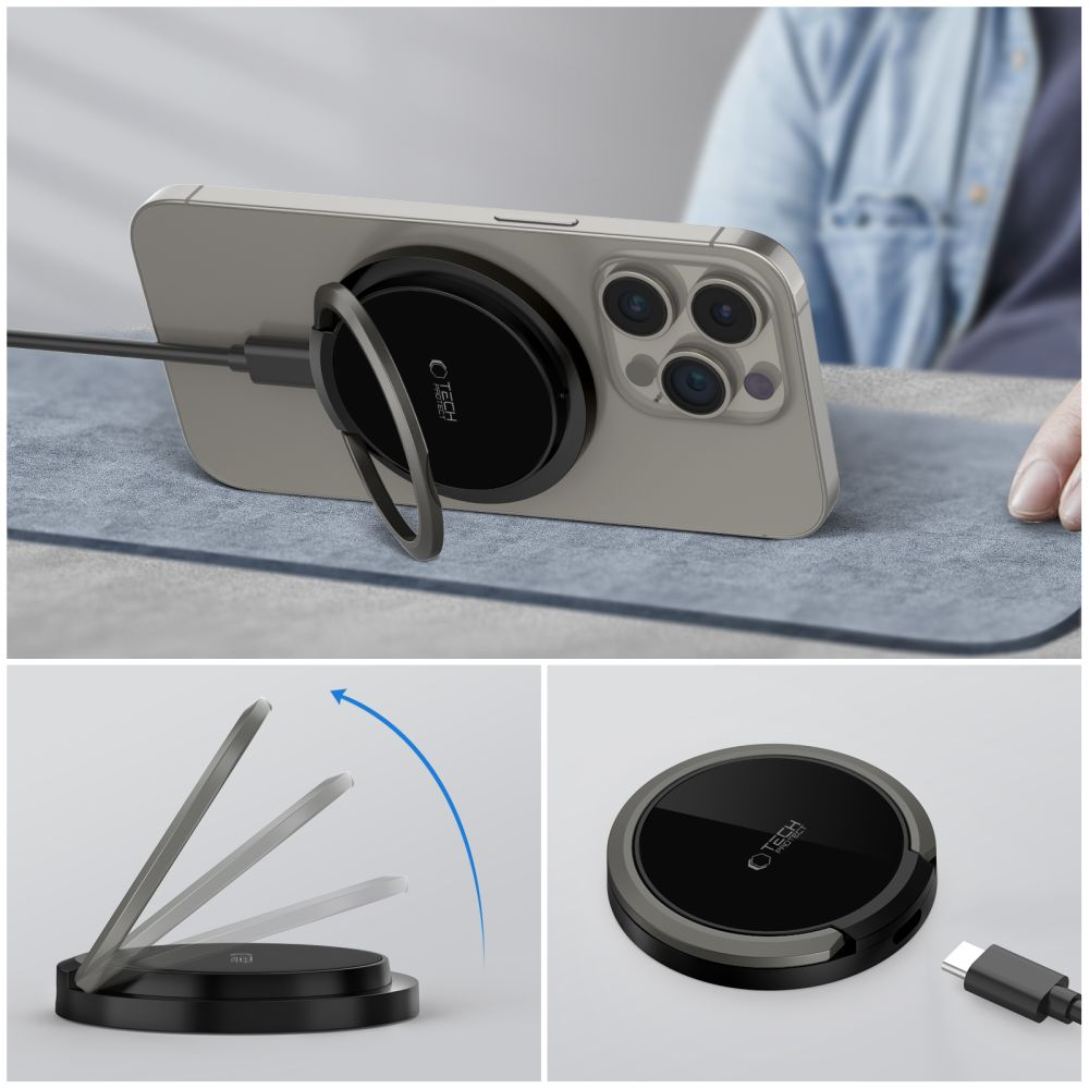Uno smartphone si ricarica su una superficie grigia con un caricabatterie MagSafe rotondo nero con anello.