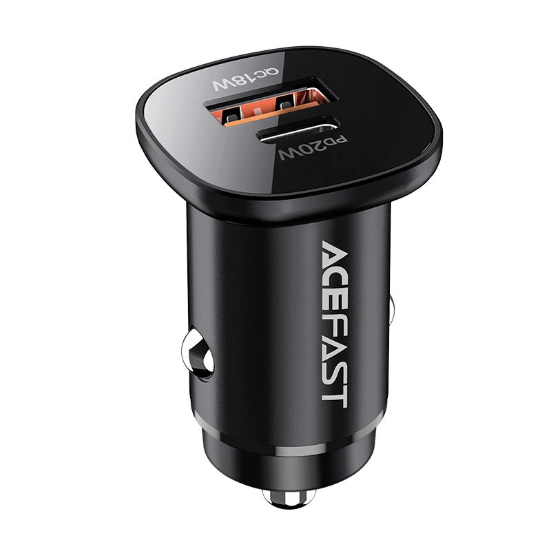 Un caricabatterie per auto Acefast nero con porte QC18W USB-A e PD20W Tipo-C su sfondo bianco.