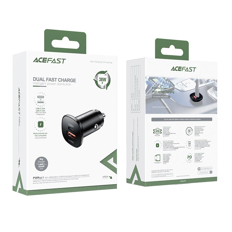 Due scatole bianche e verdi per caricabatterie da auto Acefast, una con il fronte e il dispositivo e una con il retro.