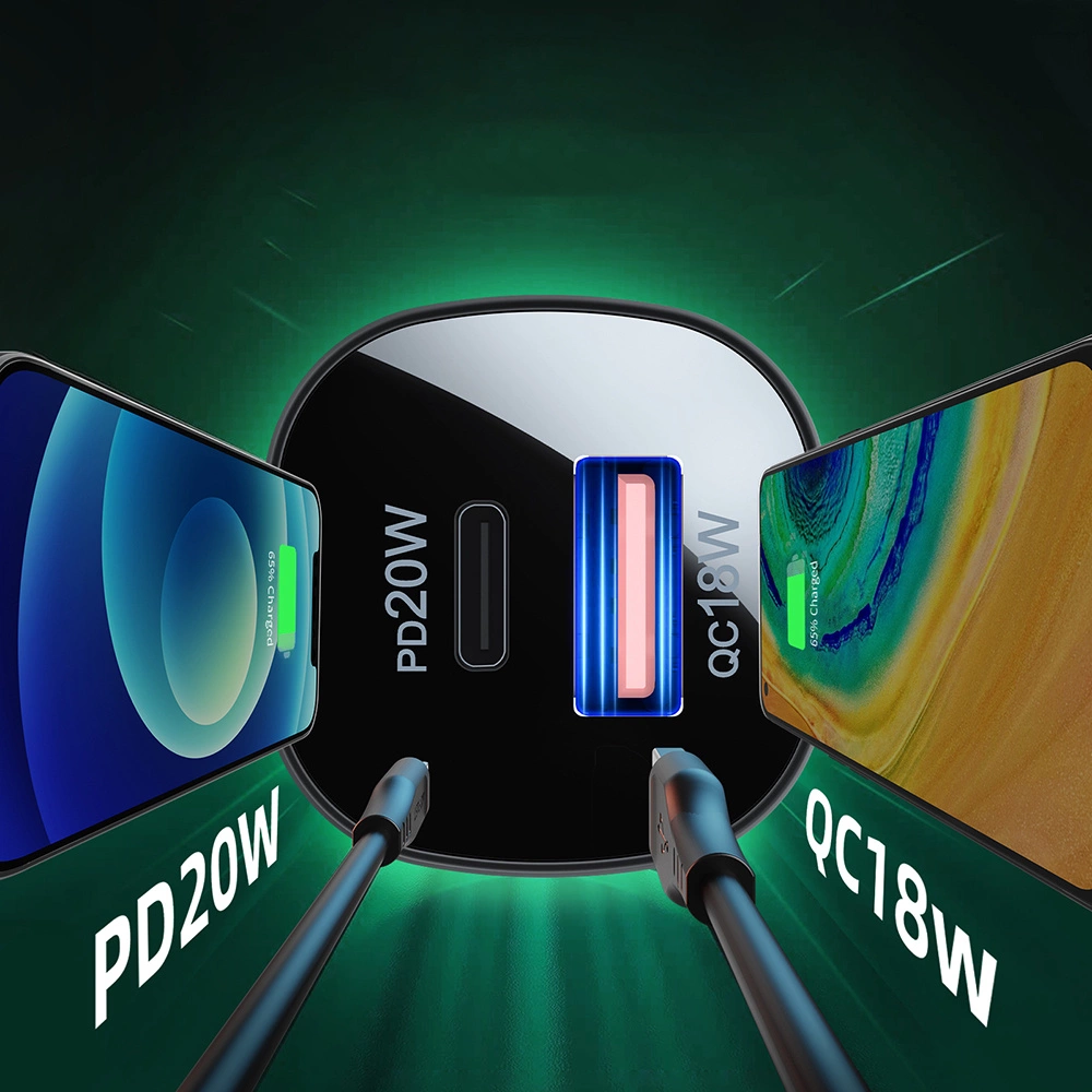 Un caricatore USB nero con porte PD20W e QC18W, collegato a due smartphone su sfondo verde.