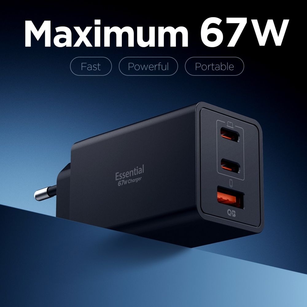 Mavi zemin üzerinde üç portlu siyah 67W USB şarj cihazı.