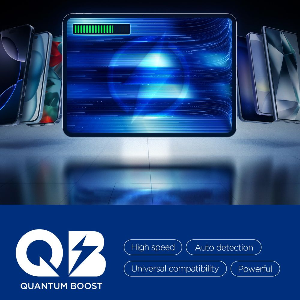 Şarj simgeli bir tablet akıllı telefonlarla çevrili, altta Quantum Boost logosu yer alıyor.