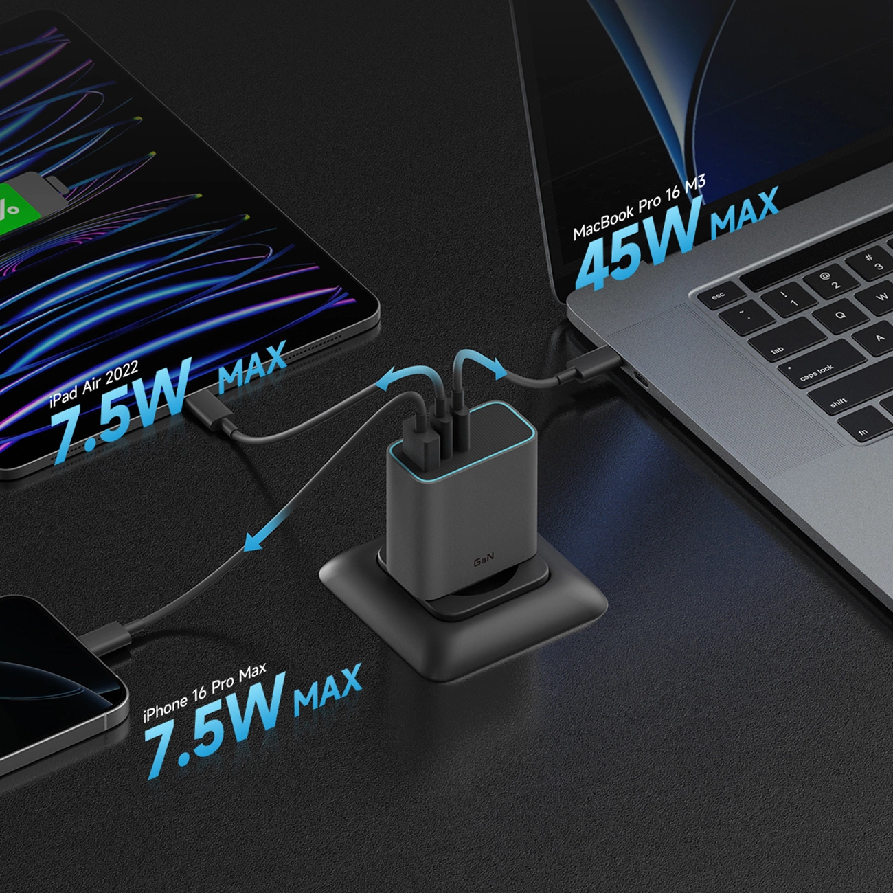 Ein schwarzes GaN-Ladegerät lädt gleichzeitig einen Laptop, ein Tablet und ein Smartphone auf dunklem Tisch.