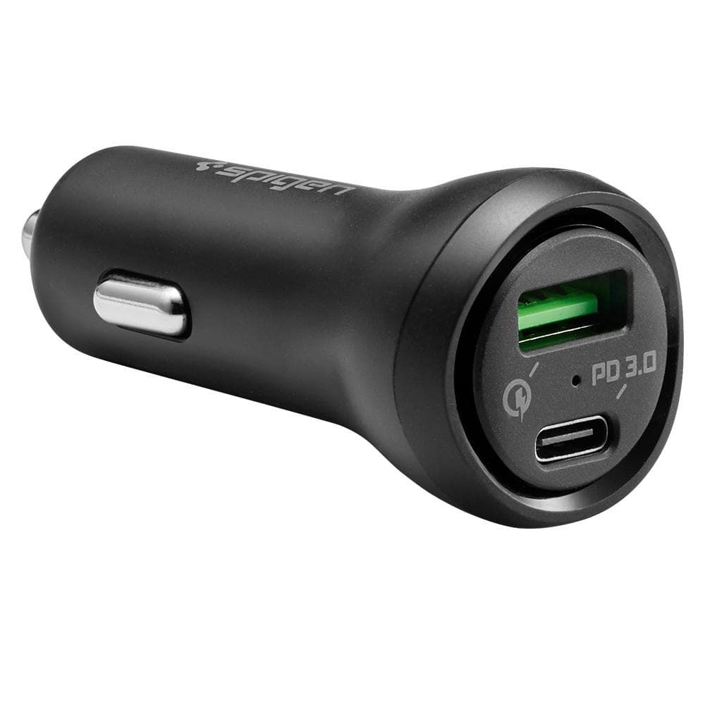 Caricabatterie per auto nero con una porta USB-A e una USB-C.