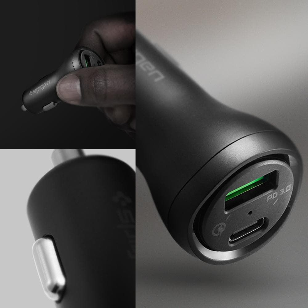 Un caricabatterie per auto USB Spigen nero è tenuto in mano e mostrato da diverse angolazioni.