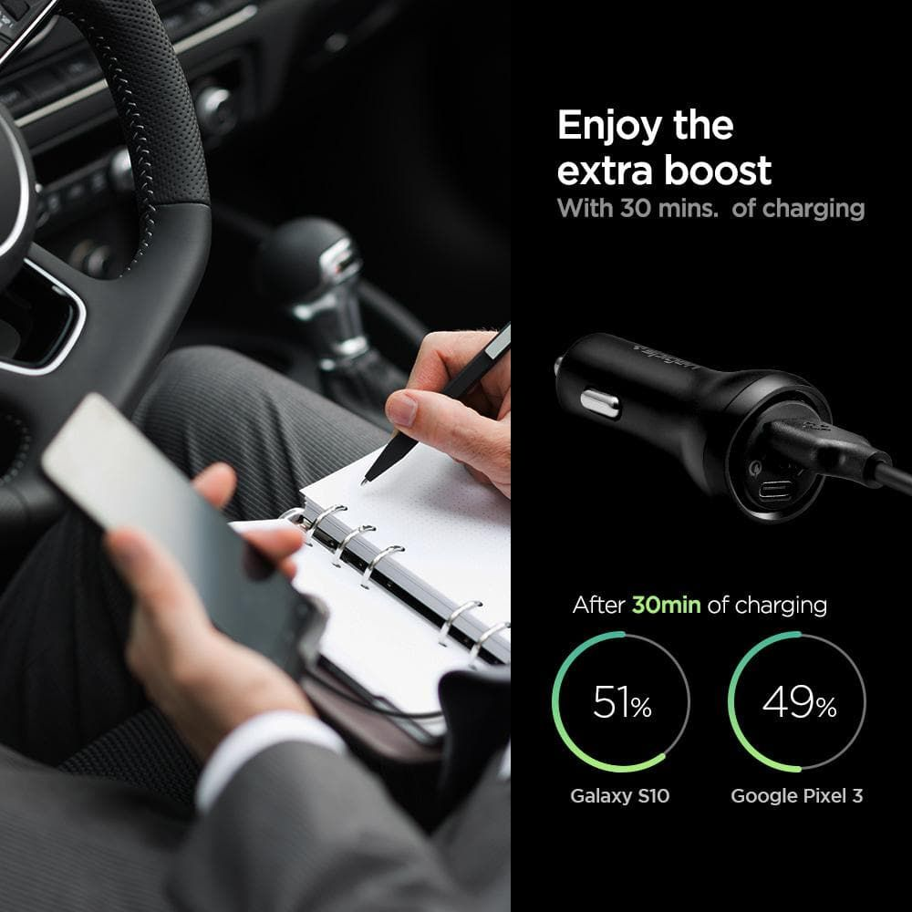 Un caricabatterie per auto con testo e stato di carica per Galaxy S10 e Google Pixel 3.