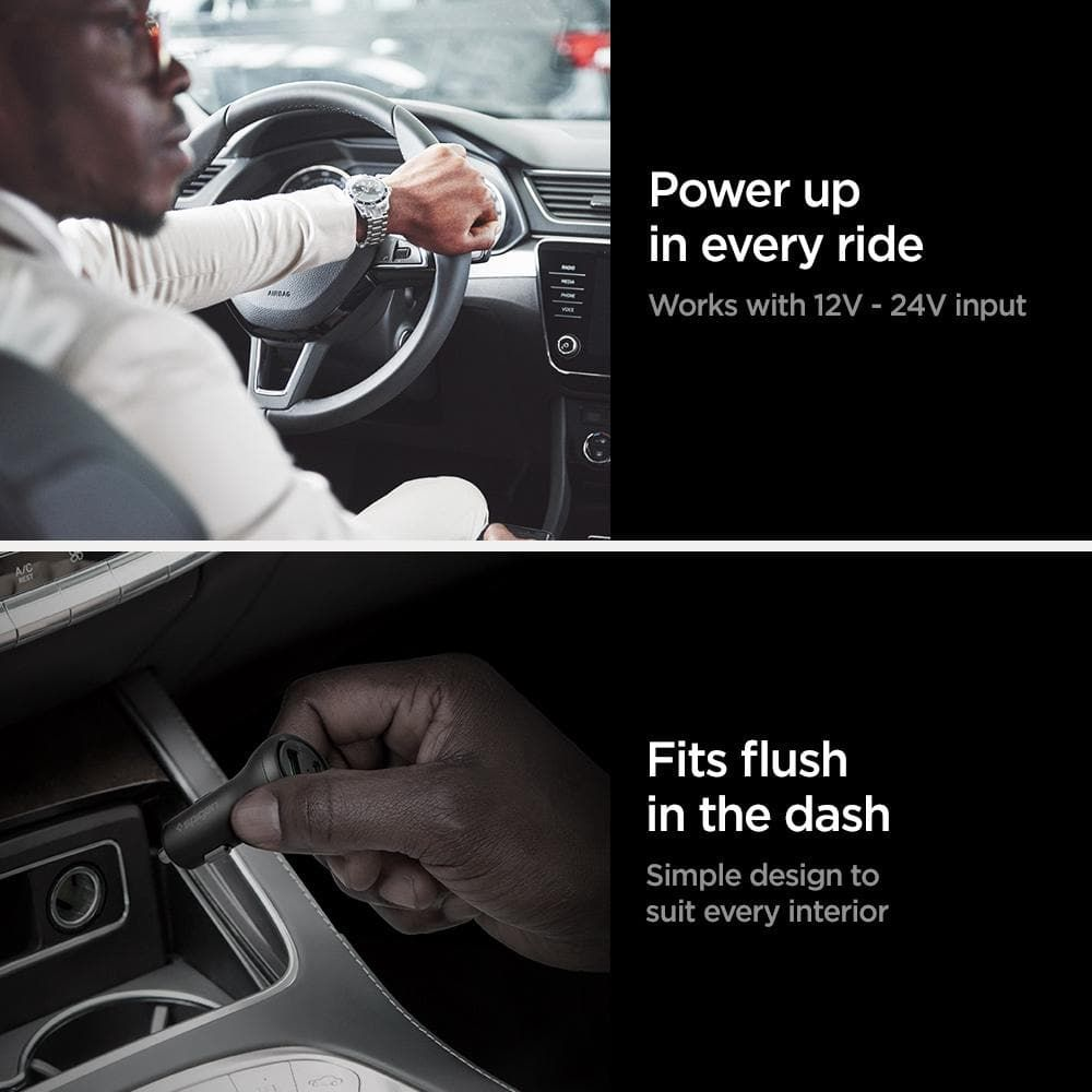 Un uomo guida un'auto; sotto, inserisce un caricatore. Testo: Power up in every ride.