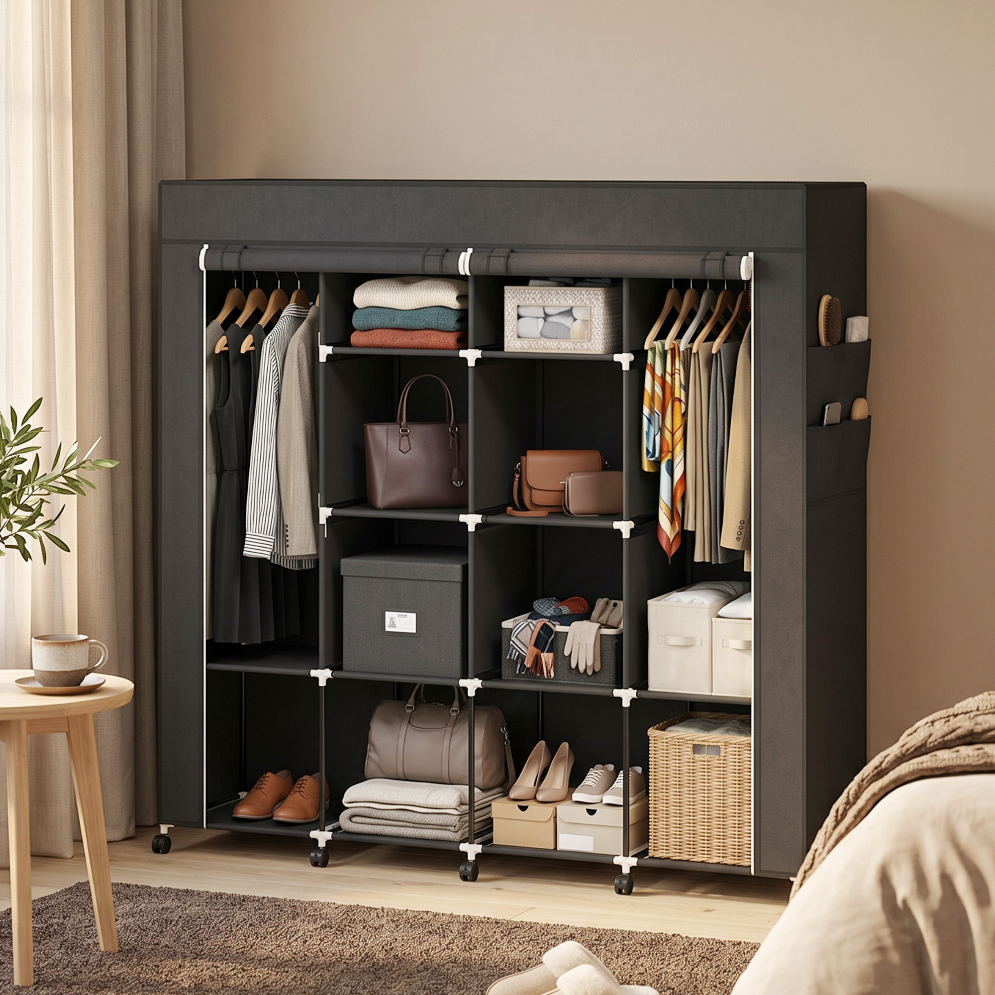 Un gran armario de tela negra con estantes, ropa colgada y bolsos, colocado en una habitación luminosa.