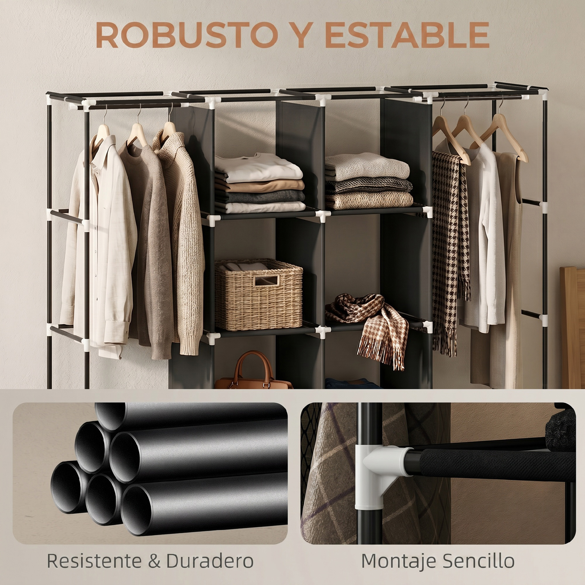 Armario modular con compartimentos de almacenamiento y barras para colgar.