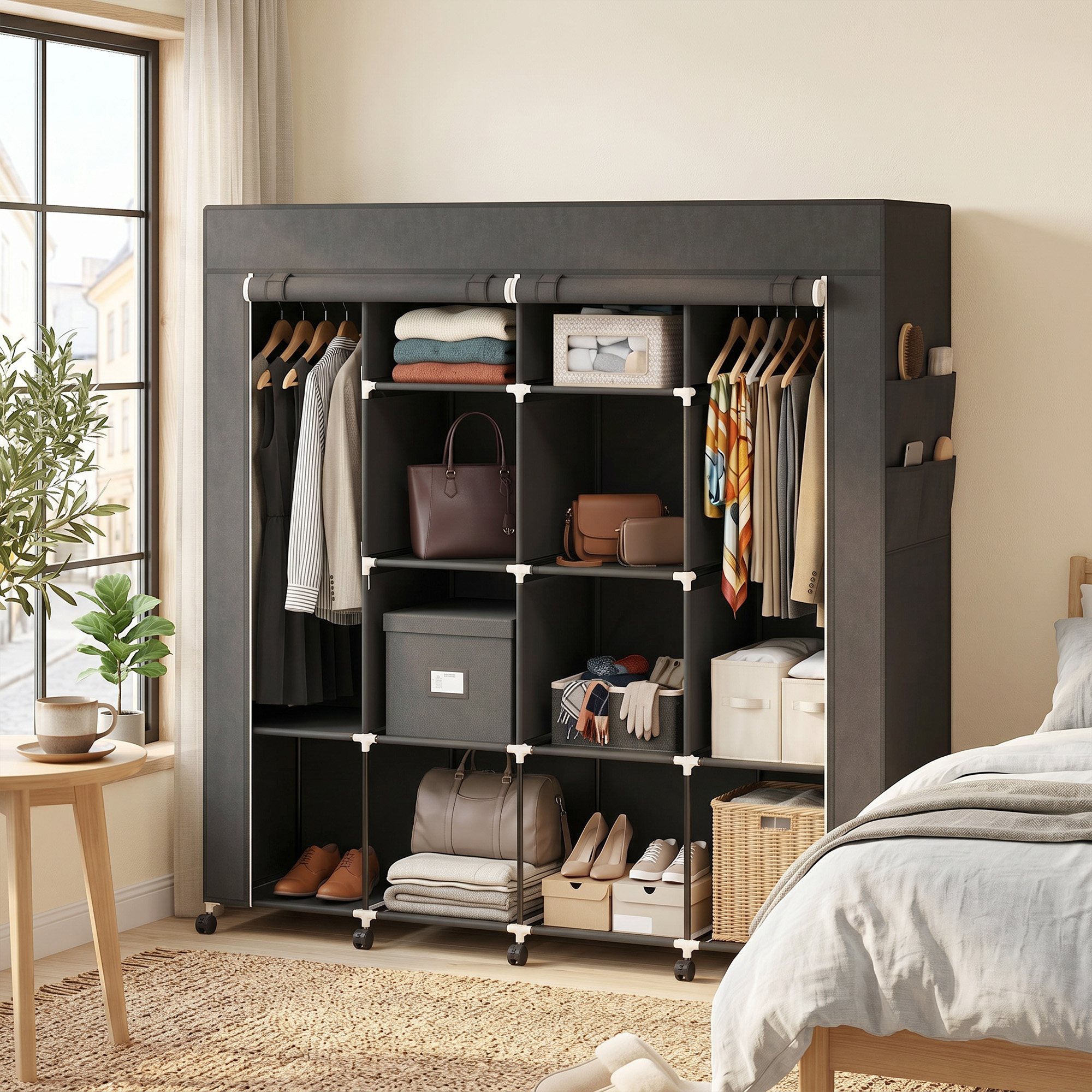 Un gran armario de tela gris oscuro en un dormitorio, organizado con ropa, estantes y cajas.