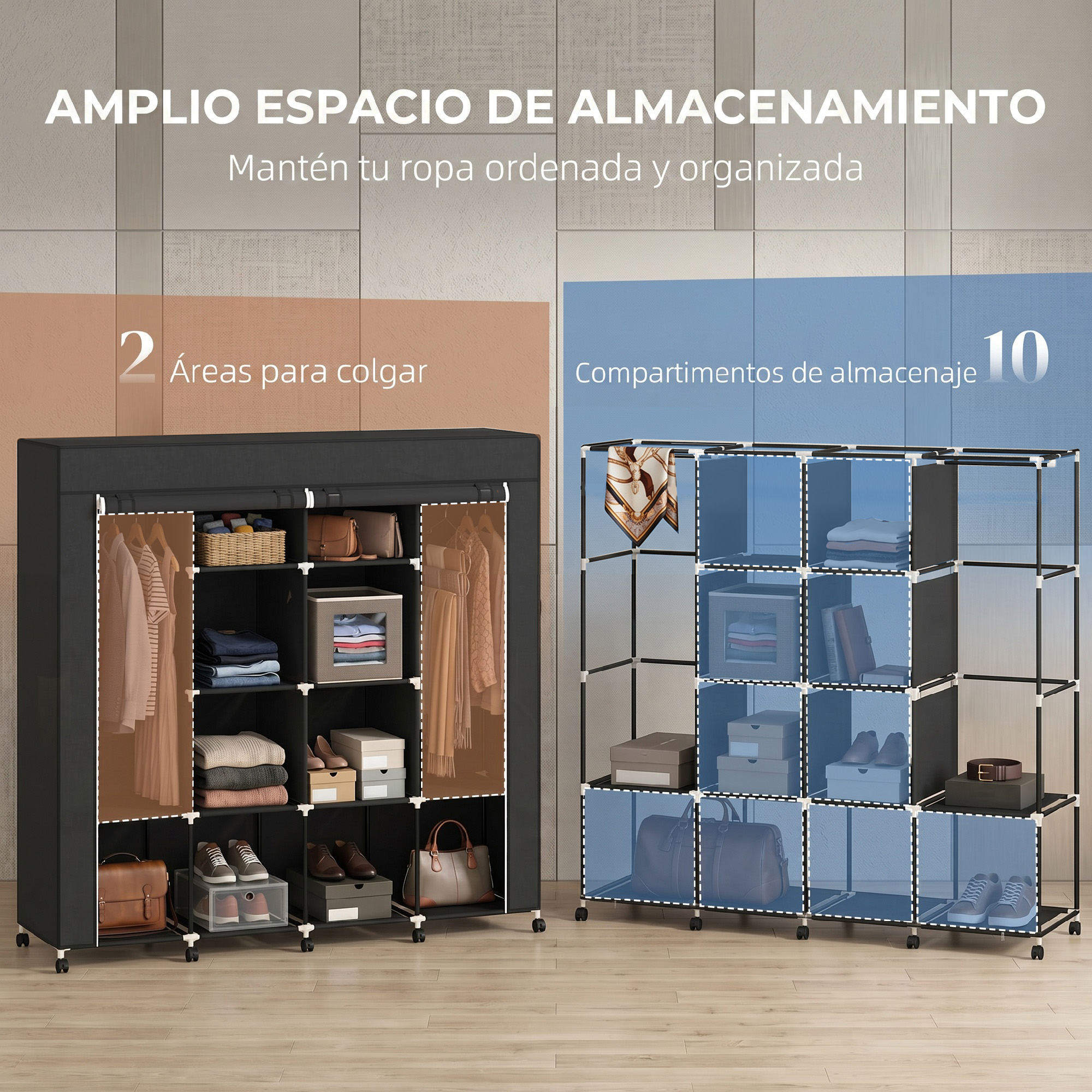 Dos armarios modulares negros llenos de ropa y accesorios contra una pared.