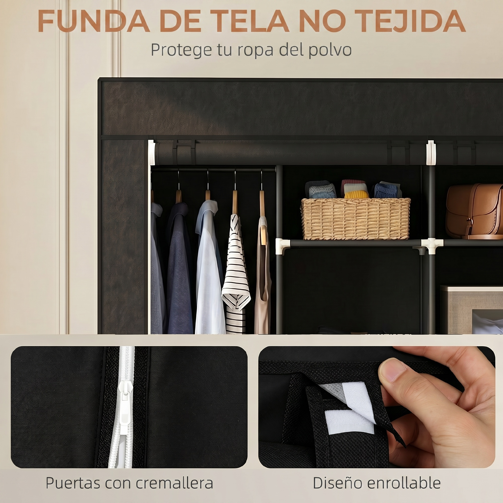 Armario de tela con barra para ropa, estantes, cremalleras y diseño enrollable con velcro.