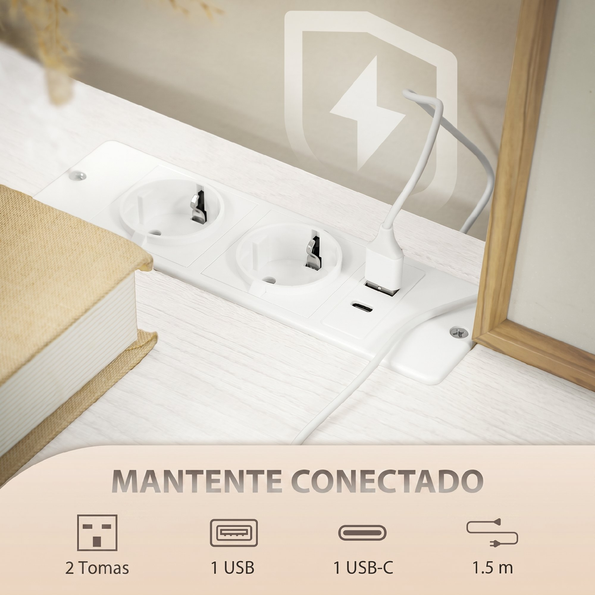 Regleta blanca con dos enchufes y puertos USB, cable conectado y un libro en el escritorio.