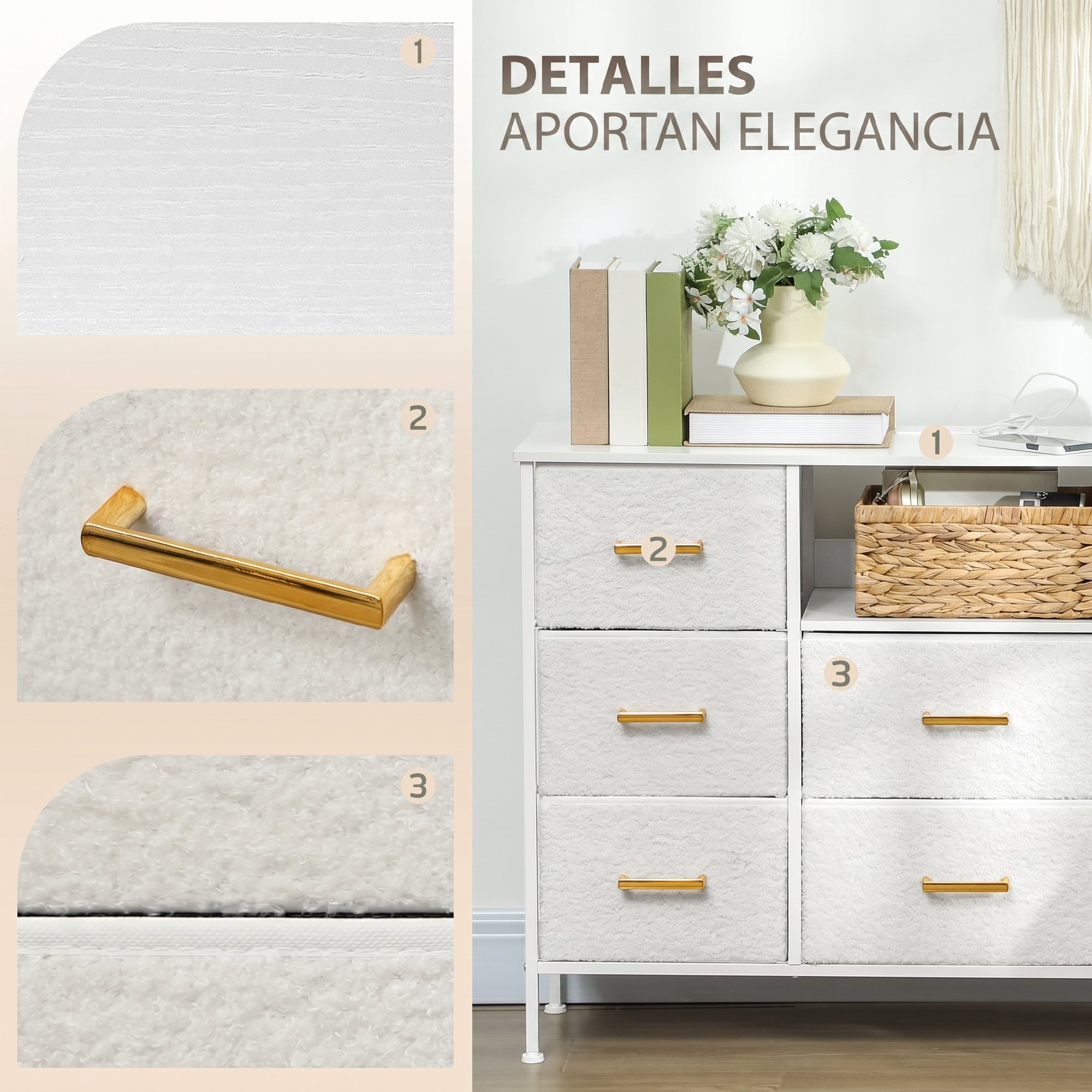 Cómoda blanca con cinco cajones de tela, tiradores dorados y decoración arriba, con tres detalles en primer plano.