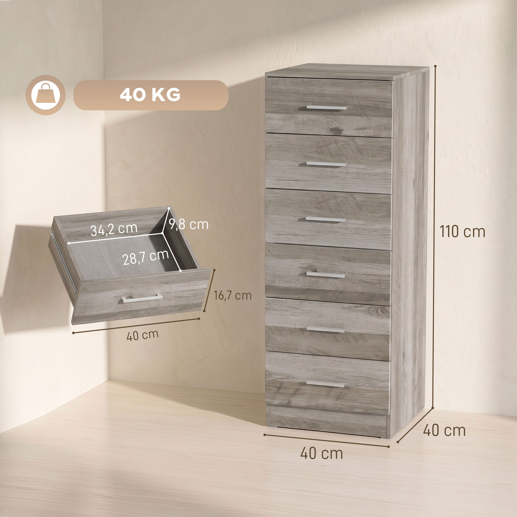 Cómoda de madera gris con seis cajones y dimensiones escritas frente a una pared clara.