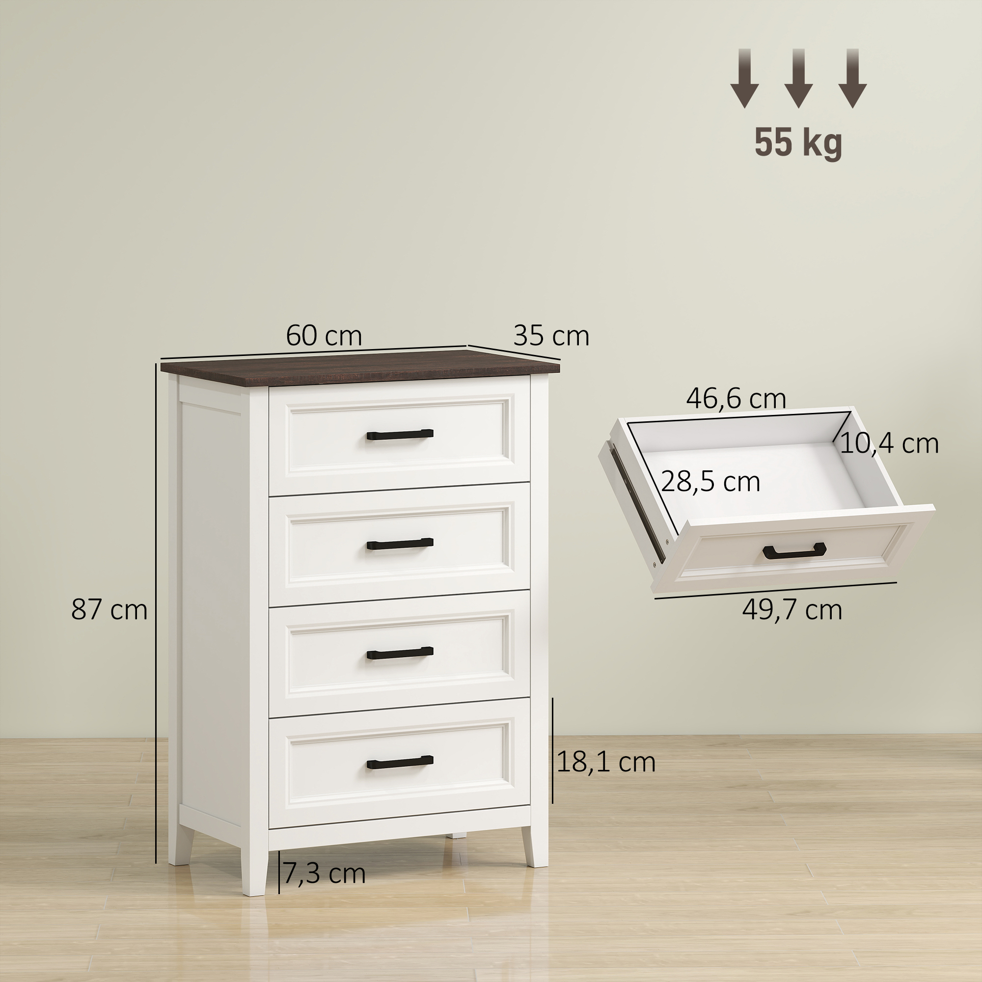 Cómoda blanca con tapa de madera oscura, cuatro cajones y dimensiones.