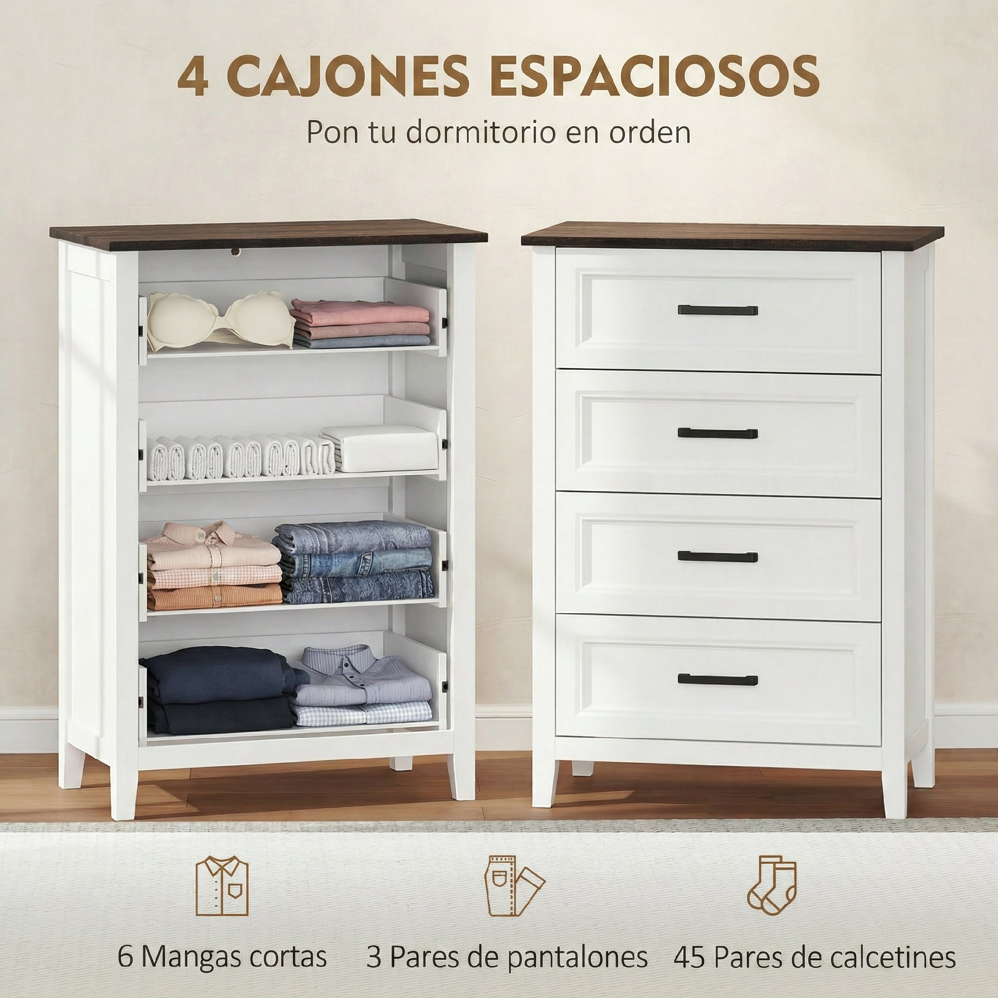 Dos cómodas blancas con tapas de madera; una abierta con ropa y otra con cuatro cajones cerrados.