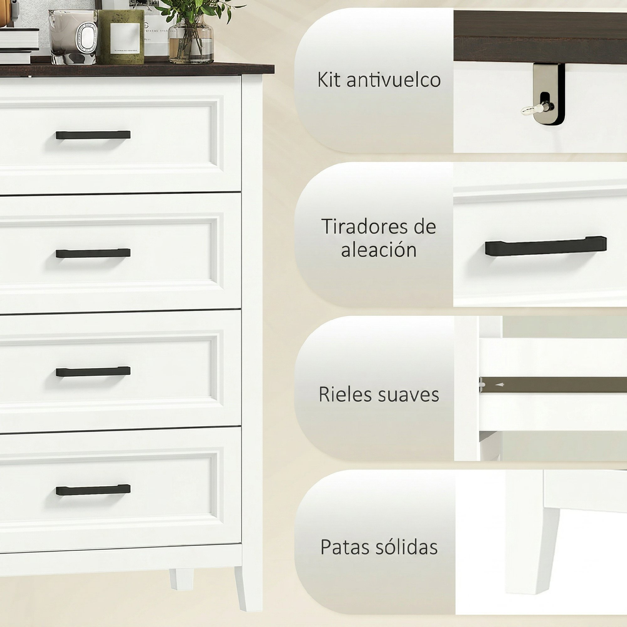 Cómoda blanca con cuatro cajones, detalles muestran kit antivuelco, tiradores, rieles y patas.