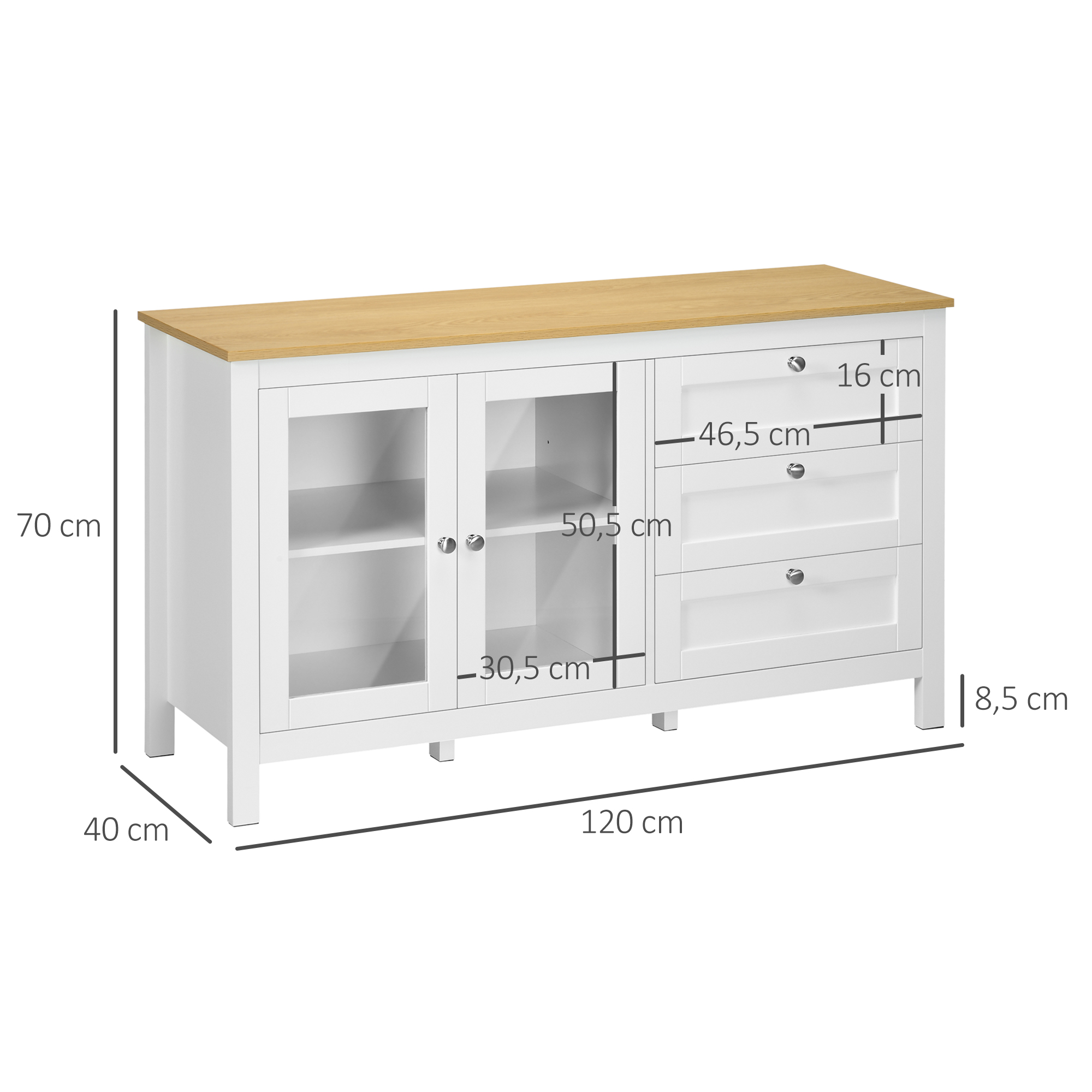Gabinete blanco con tapa de madera y dimensiones sobre fondo gris.
