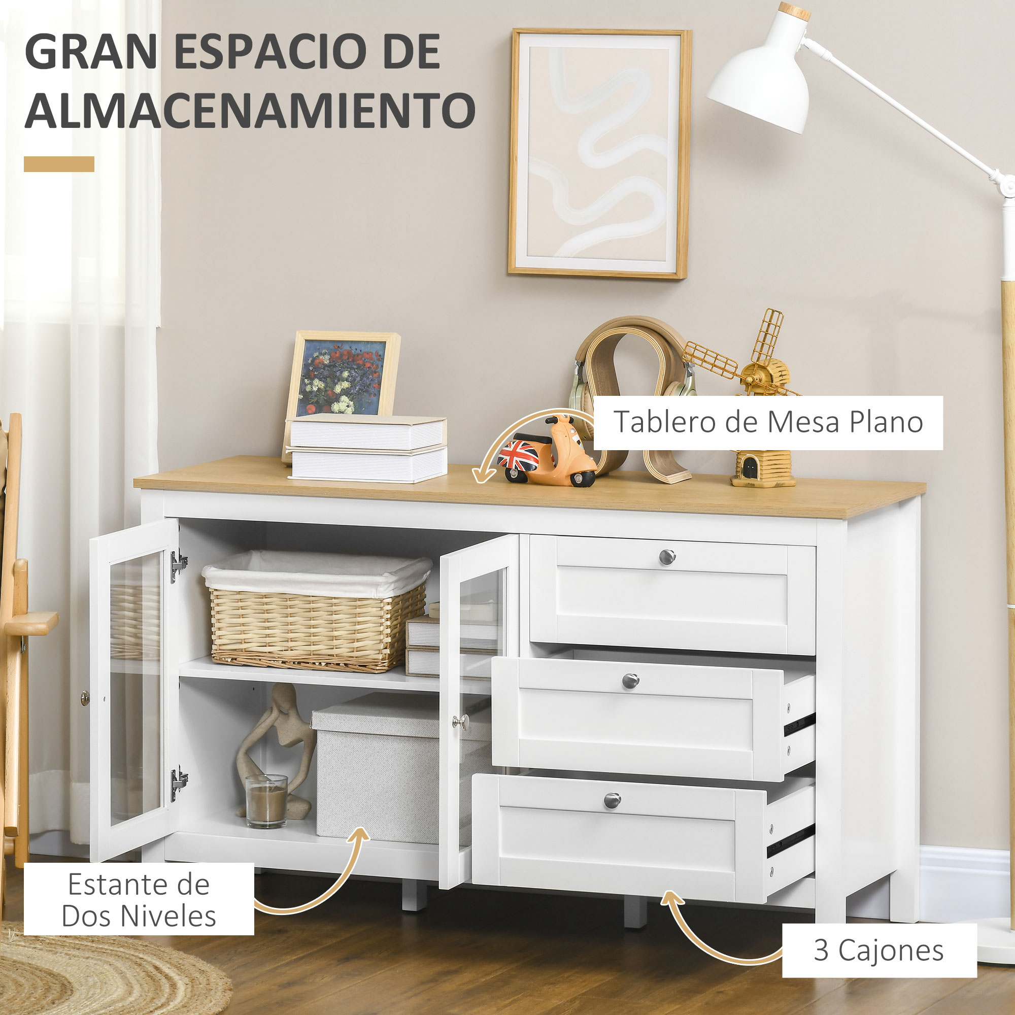 Un armario de madera blanca con tapa de madera clara, puertas de cristal y tres cajones abiertos.
