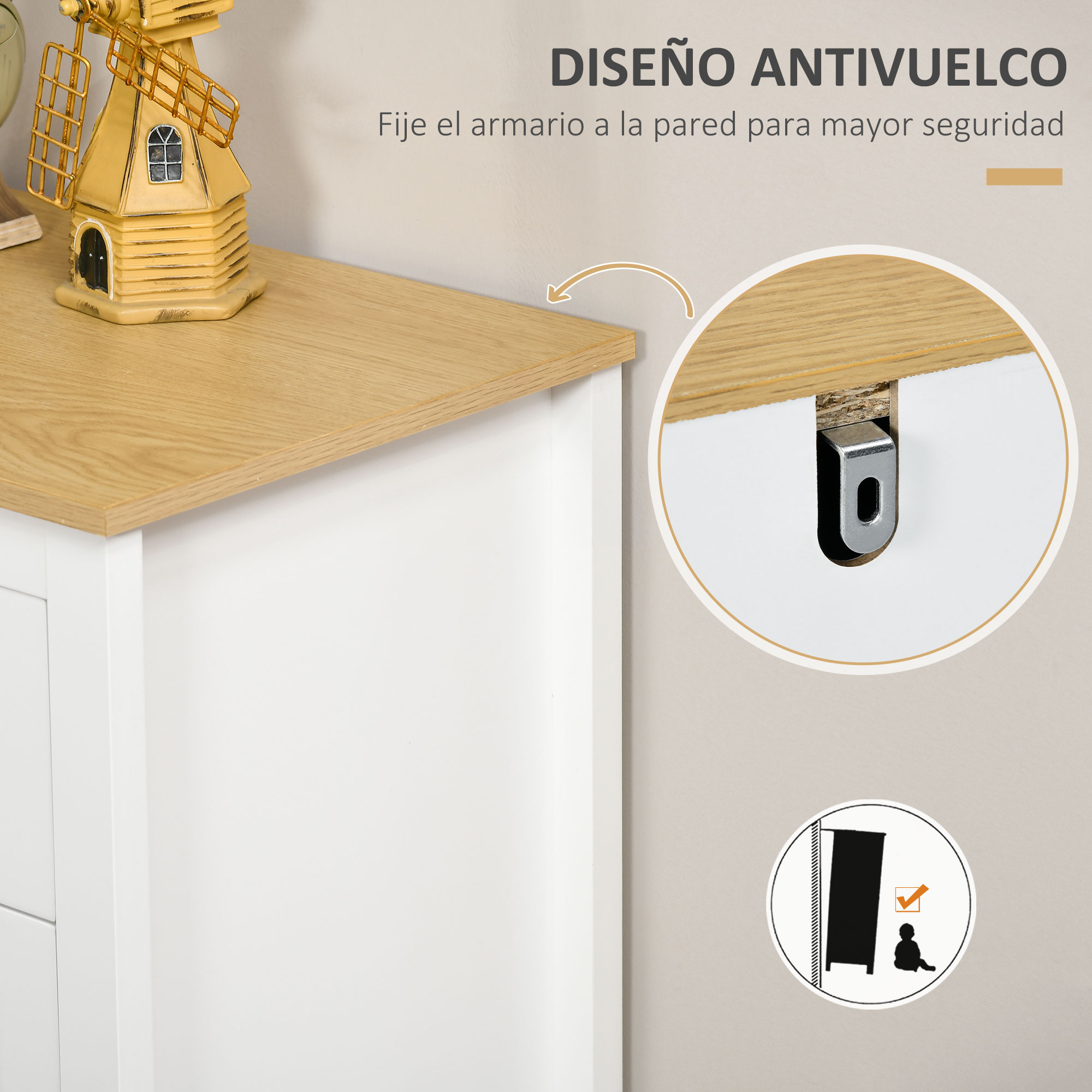 Diseño antivuelco para armario blanco con superficie de madera y molino decorativo.