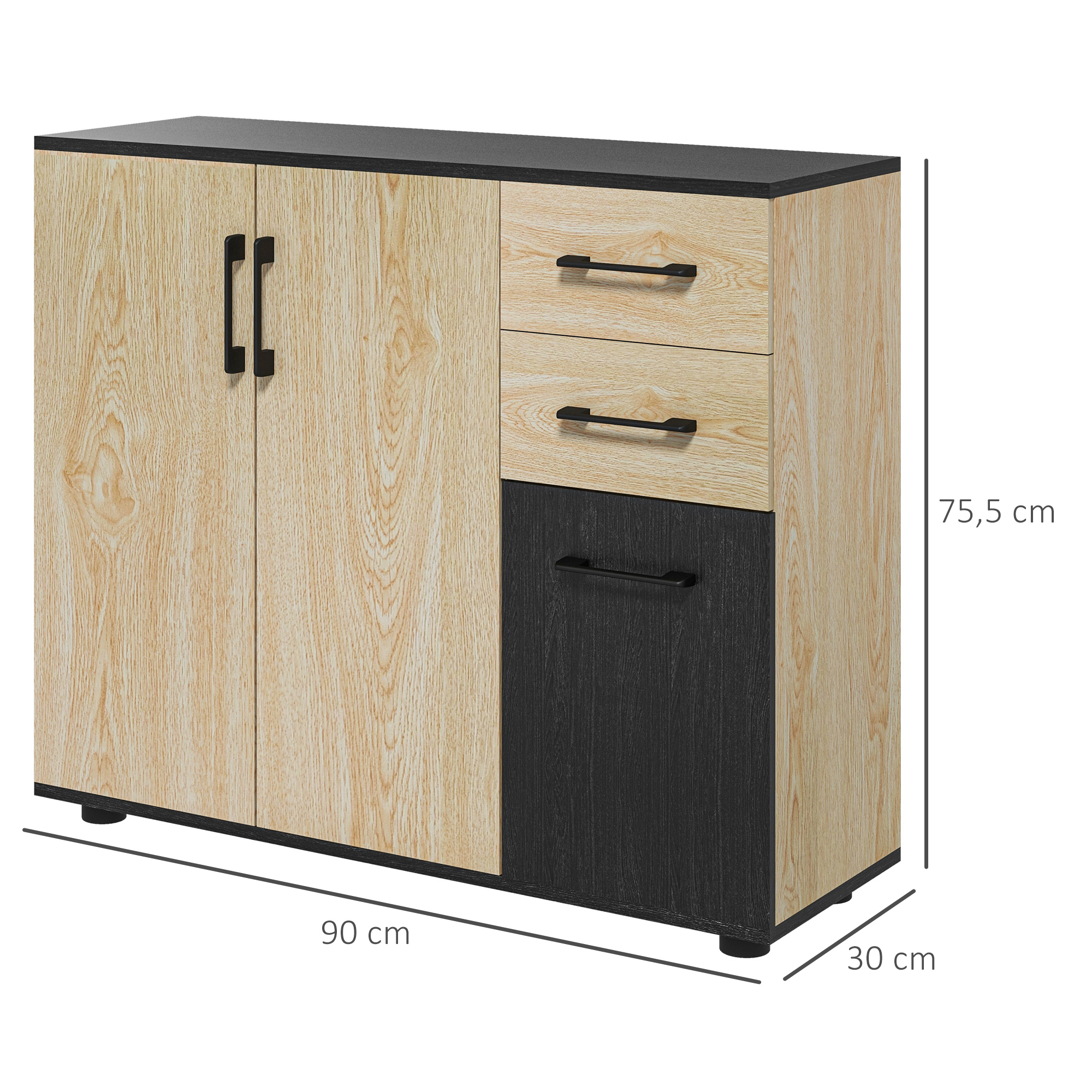 Armario de madera con dos puertas, dos cajones y una puerta inferior oscura, de 90x30x75,5 cm.