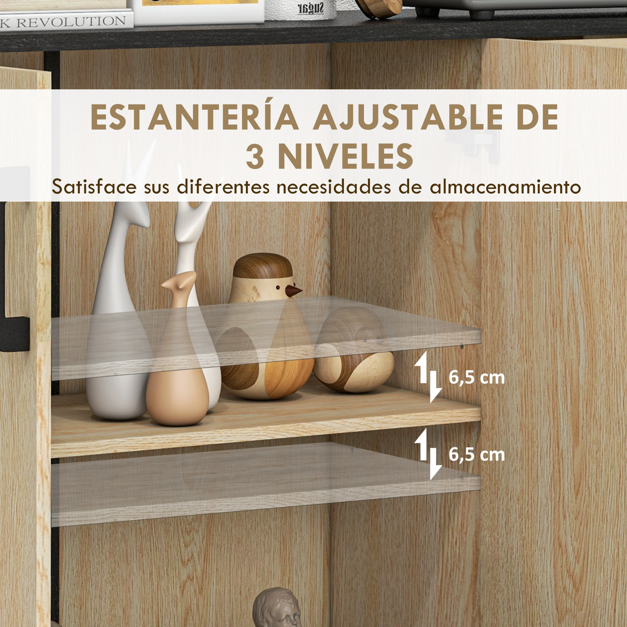 Armario de madera con estantes ajustables y figuras decorativas en el interior.