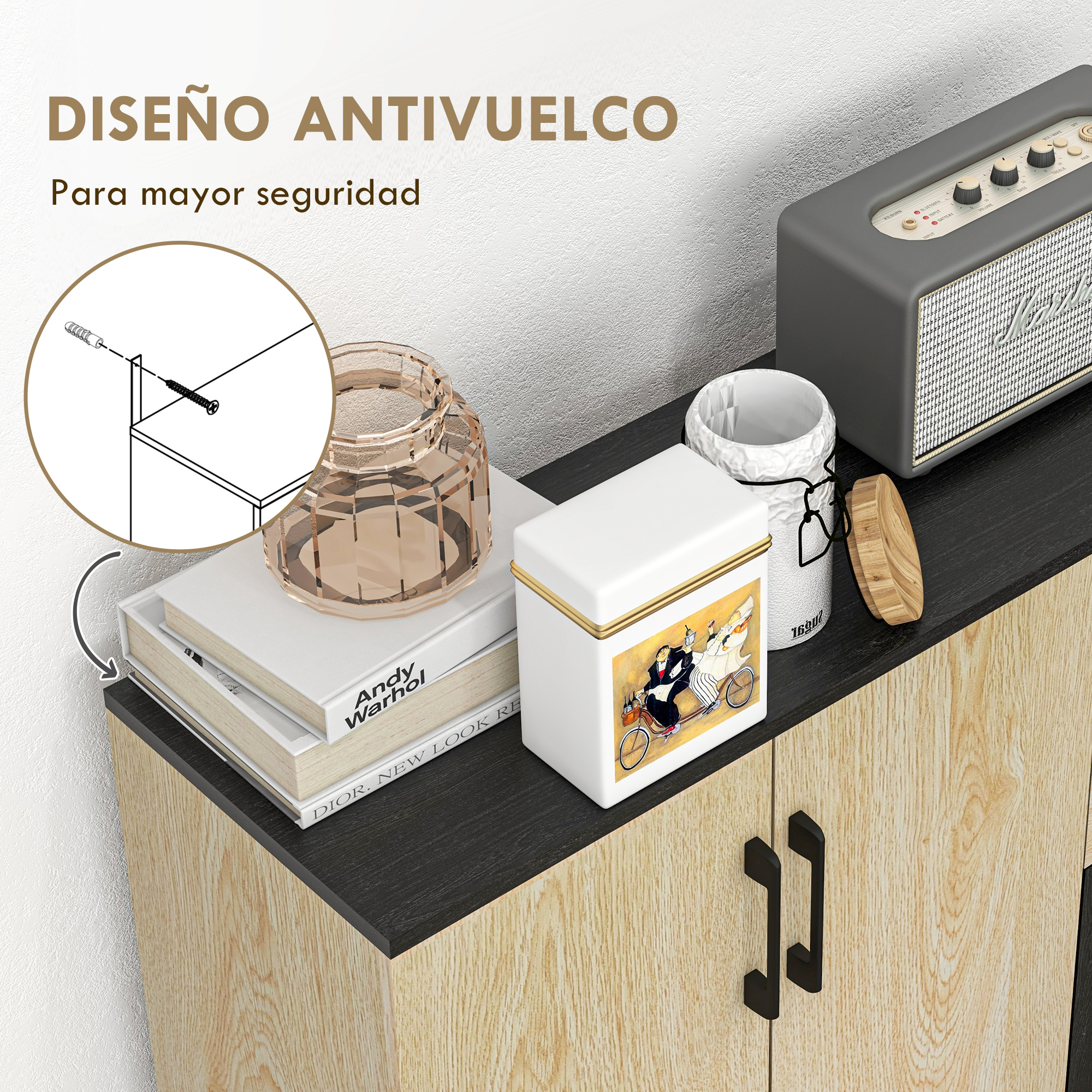 Un armario de madera con elementos decorativos y un diagrama de instalación antivuelco en la pared.